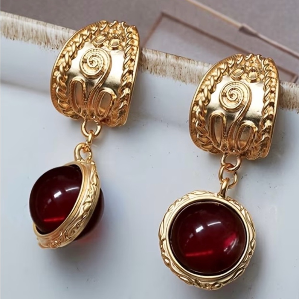Elegant Gold and Red Dangle Earrings